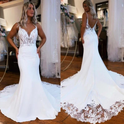 V Neck Mermaid Wedding Dresses Lace Appliques Backless Sweep Train Bridal Gowns - Image 1 of 4