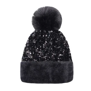 Women Girls Winter Sequin Beanie Hat with Faux Fur Pom Pom Knit Skull Cap Black - Picture 1 of 6