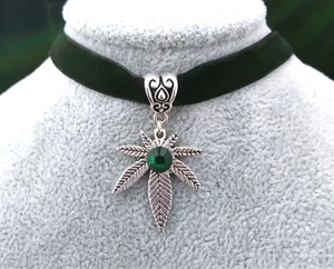 Tibetan Silver Cannabis Leaf, Green Diamante,13'' Black Velvet Choker. Handmade - Picture 1 of 3