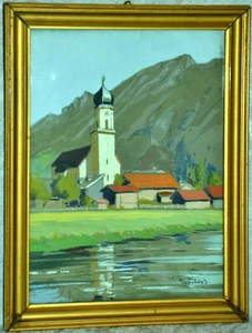Max Märtens, acuarela sobre papel, iglesia en un lago en las afueras de los Alpes, enmarcado - Imagen 1 de 4