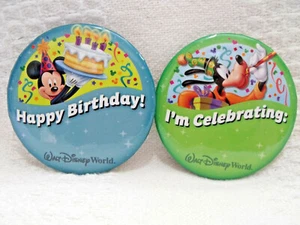 WDW Disney Happy Birthday Mickey & I'm Celebrating Goofy Button Pin Lot Set of 2 - Picture 1 of 1