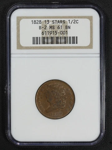1828 B-2 13 Stars Classic Head Copper Half Cent NGC MS 61 BN Cover