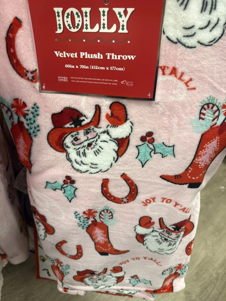 Joy to Yall Western Sombrero de Vaquero Santa Navidad Manta Botas Herradura Nuevo con Etiquetas Rosa Foto 1 de 1