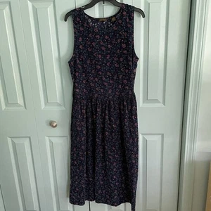 Vintage Eddie Bauer Corduroy Midi Dress Medium Navy Floral Sleeveless Fit Flare - Picture 1 of 11