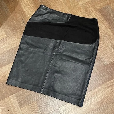Vintage Black Leather & Suede Pencil Knee Skirt Size UK 16-18 36” Waist Genuine - Image 1 of 4