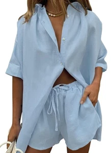 Women 2 Piece Outfit Linen Short Set Button Down Shirt High Waisted Shorts Bl... - Picture 1 of 8