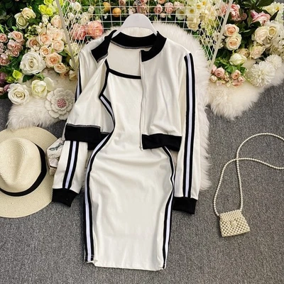 Women's Ribbed Zip Jacket & Bodycon Mini Dress Loungewear - Image 1 of 4