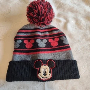 Disney Junior Mickey Mouse Cuffed Pom Pom Beanie Hat- Size 2T-5T Red Grey Black - Picture 1 of 6