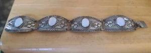 Vintage Sterling Silver & Faux Opal Panel Link Bracelet Mexico J3 - Picture 1 of 11