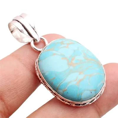 Rame Turchese Gemma Ciondolo Placcato Argento Handmade Gioielli Regalo 3.3cm - Immagine 1 di 3