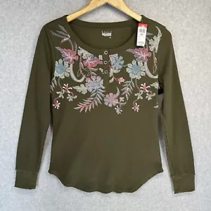 Basic Editions K-Mart Damen Henley Shirt Größe S/C Langarm Grün Geblümt Neu - Bild 1 von 11