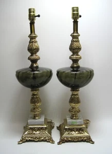 Set of 2 - VTG Italian Murano/Venetian Glass Smoke Mid Century Lamps Marble Base - Picture 1 of 7