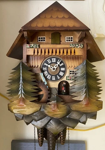 Vintage German Cuckoo Clock Chalet Waterwheel Pine Trees  Wood Carved Cover