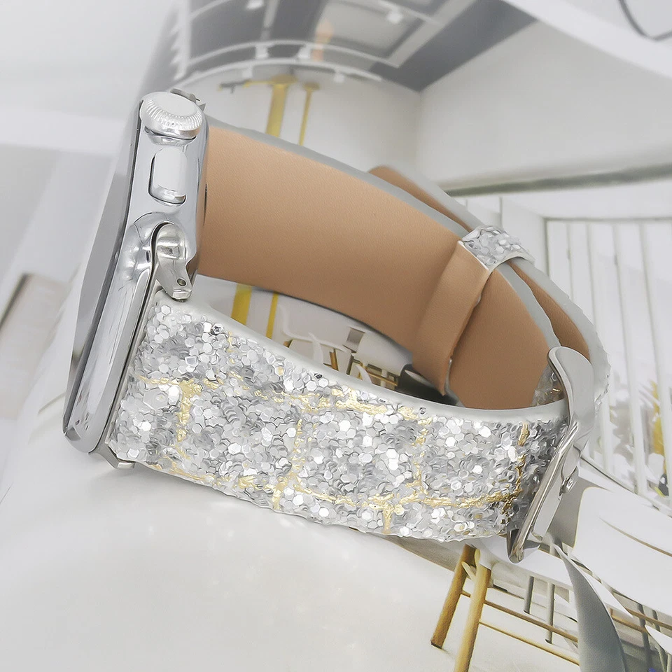 Correa de reloj de cuero plateada brillante para Apple Watch Series SE 6 5 4 3 2 1 Foto 1 de 4