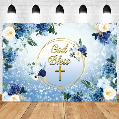Telón de fondo azul Dios bendiga niños bautizo fiesta primera comunión fondo decoración Foto 1 de 4