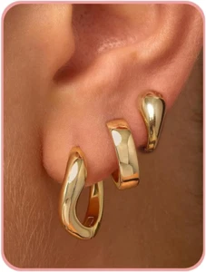 3 Pairs Gold Hoop Earrings for Women Trendy Dainty Gold Huggie Earrings 14K Gold - Picture 1 of 12