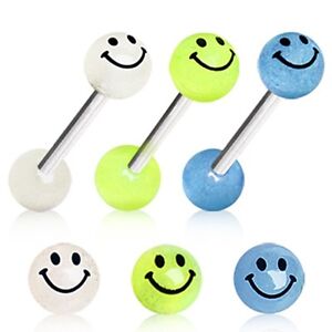 New Surgical Steel Smiley Face Glow in the Dark Tongue Bar Blue Yellow White 