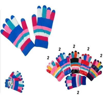Lote de 12 pares de guantes tejidos cálidos de invierno multicolores a rayas mágicas para mujeres niñas Foto 1 de 4