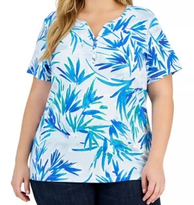 *NEW* Karen Scott Blue Leafy Palm Party Print Top Henley Neck Short Sleeve - NWT - Picture 1 of 5
