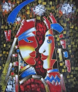 Pintura cúbica de una pareja 24x20 pintura al óleo cubismo moderno retrato - Imagen 1 de 1