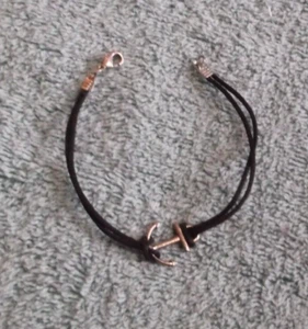 Pulsera vintage de cordón negro con ancla plateada ~ 7" - Imagen 1 de 1