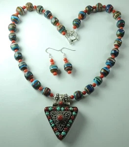 Rainbow Calsilica Coral Necklace & Earring Set Pendant Sterling Silver - Picture 1 of 2