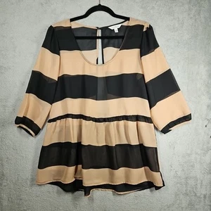 Charming Charlie Tan Black Sheer Wide Striped Open Slit Back Blouse Size M   - Picture 1 of 15