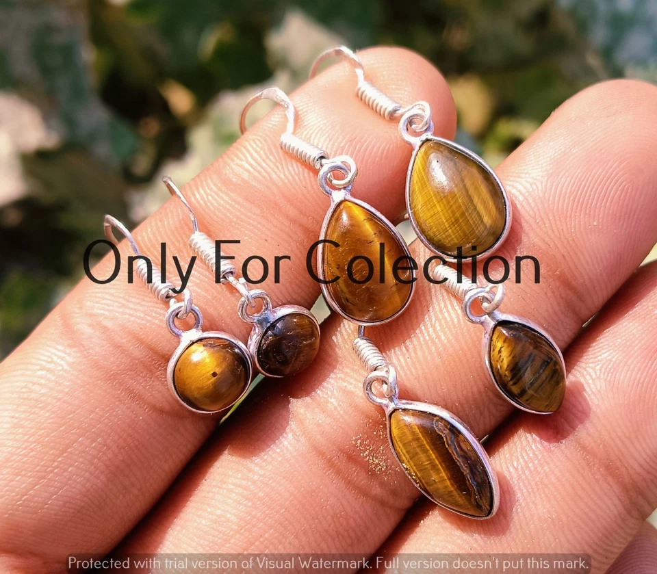 Lote de aretes de piedras preciosas ojo de tigre palimentado de plata de ley 925 joyas hechas a mano Foto 1 de 2