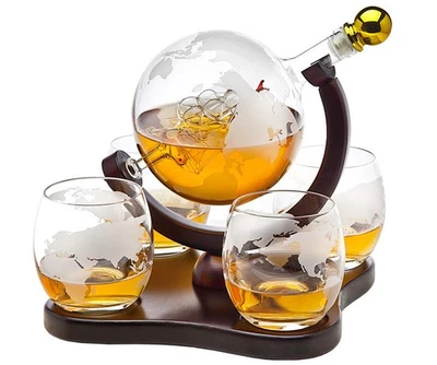 Whiskey Decanter Globe Set with 4 Etched Glasses for Liquor, Scotch, Bourbon,... - Image 1 of 4