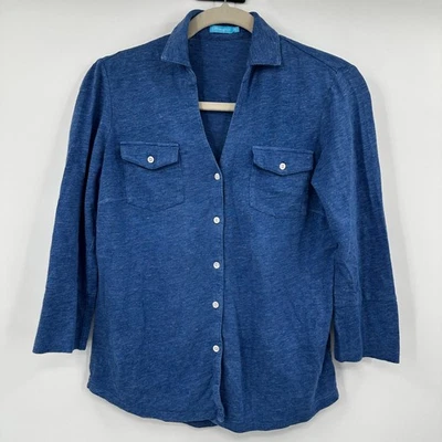 Camisa con botones JMcLaughlin azul mezcla de lino manga 3/4 bolsillos utilitarios XS Foto 1 de 4