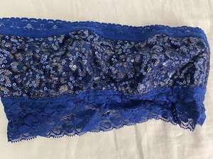 Urban Outfitters Stretchy Bandeau Blue Sequin Lace Edges Cropped Tube Top Bra XS - Picture 1 of 4