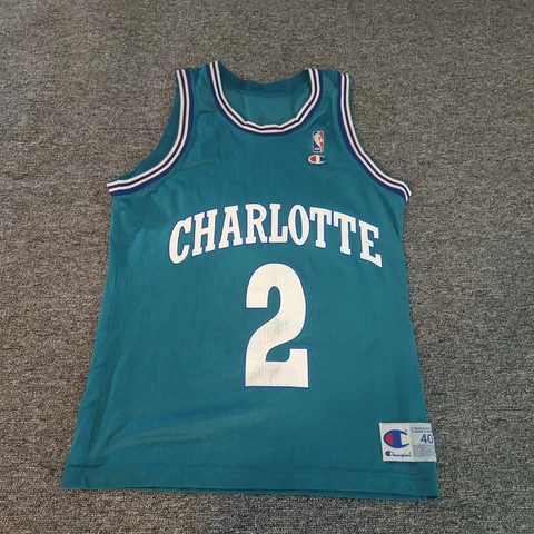 Vintage Larry Johnson Jersey Mens 40 Green Charlotte Hornets NBA Nylon Champion Cover