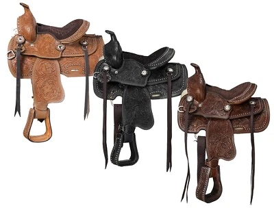 Western Youth Saddle - 12",13",14" - Tooled Leather - Black, Dark Oil, Med Oil - Image 1 of 4