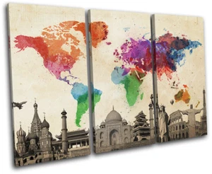 World Landmarks Globe Atlas Maps Flags TREBLE CANVAS WALL ART Picture Print - Picture 1 of 1