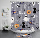 Grey Halloween Spooky Bat Ghost Black Cat Shower Curtain Set for Bathroom Decor
