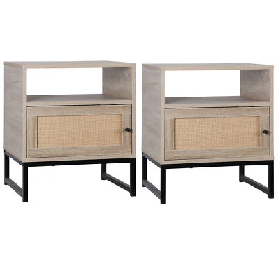 Set of 2 End Tables Natural Rattan Bedside Table Accent Table with Storage Oak  - Image 1 of 4