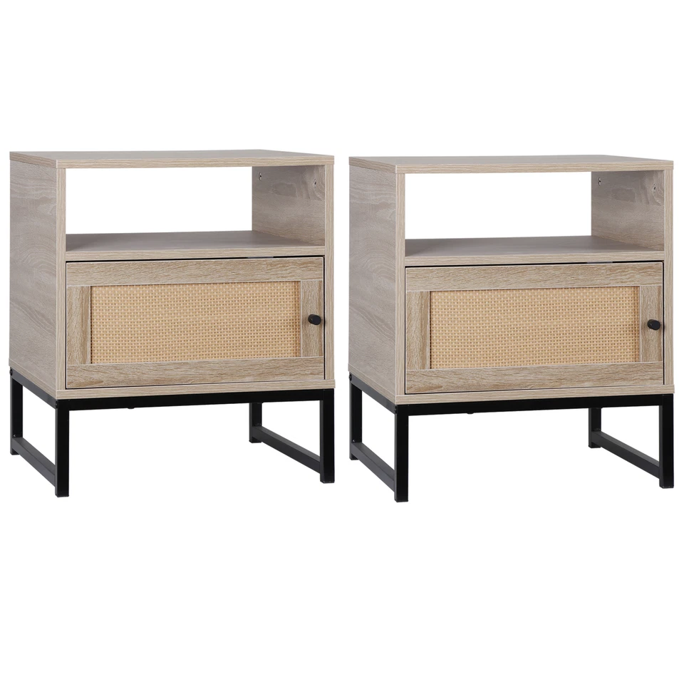 Juego de 2 Mesas auxiliares Mesita de noche de ratán natural Mesa de acento con almacenamiento Roble  Foto 1 de 4