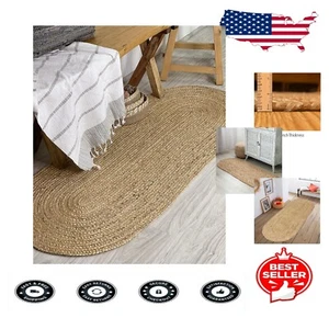 Sustainable Jute Braided Oval Runner Rug 2 x 5 ft - Perfect for Kitchens & More - Picture 1 of 8