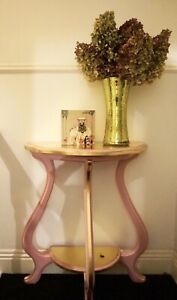 Vintage Pink and Gold Console Table, with Semi Circular Top and Curved Legs.