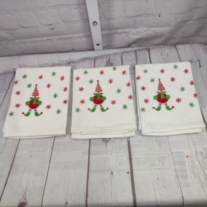 Set of 3 - Crate and Barrel Holiday ELF Dishcloths Embroidered 14x15 100% Cotton - Picture 1 of 4