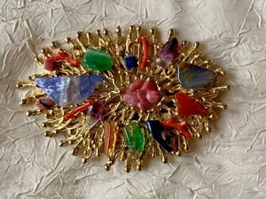 Rare beauty ! French Vintage Designer Brooch - Stones, Glass, Coral - 9.5cm by 6 - Picture 1 of 6
