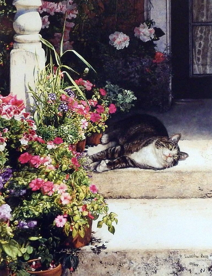 Sueellen Ross "Summertime" Cat Flower Garden SN Print 13.75" x 18" - Image 1 of 1