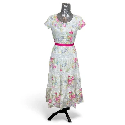 Vintage 90s Cottagecore Prairie Cotton Lace Tiered Maxi Dress Small Floral Party - Image 1 of 4