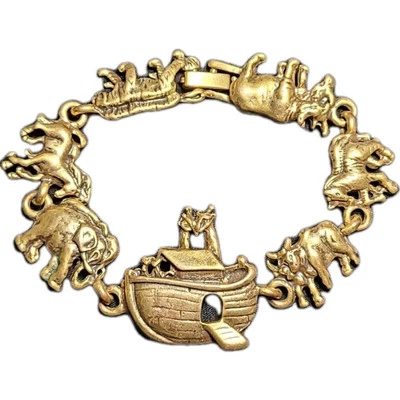 Vintage Signed AJC Gold Tone Noah's Ark Animal Linked Charm Bracelet Jewelry 7" - Image 1 of 4