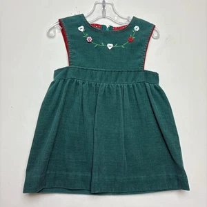 VTG 80’s 90’s Green Corduroy Pinafore Jumper Dress Red Trim Embroidered Buttons - Picture 1 of 8