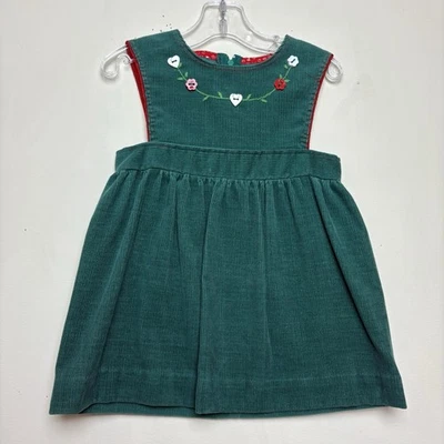 VTG 80’s 90’s Green Corduroy Pinafore Jumper Dress Red Trim Embroidered Buttons - Image 1 of 4