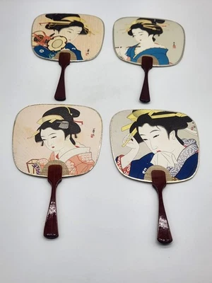 Набор из 4 японских ручных вентиляторов для поздравительных открыток Uchiwa гейша сувенирная деревянная ручка - Изображение 1 из 4