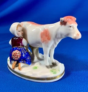 GERMAN PORCELAIN FIGURINE YOUNG MILKMAID MILKING COW - Picture 1 of 7