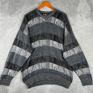 Vintage Alan Stuart Sweater Men's XL Gray Black Striped Knit 90s Grandpa - Picture 1 of 7