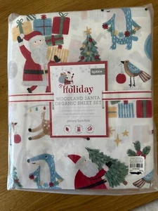 Pottery Barn Kids Holiday Woodland Santa Organic Queen SheetSet Christmas Rudolf - Picture 1 of 2